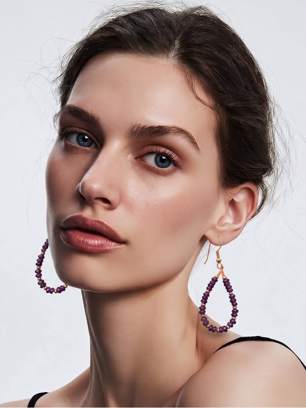 Amethyst beaded gold plated wire back earrings